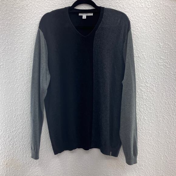 Calvin Klein Gray Black Colorblock Lightweight Knit Cotton Blend V Neck Sweater - Picture 1 of 10